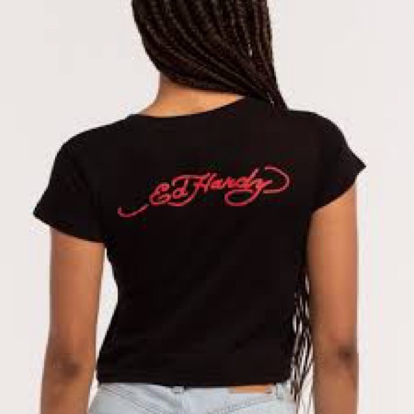 Ed Hardy Women's Black Crop Top - Skull & Flames Graphic - Size XL (NWOT) - Picture 2 of 9